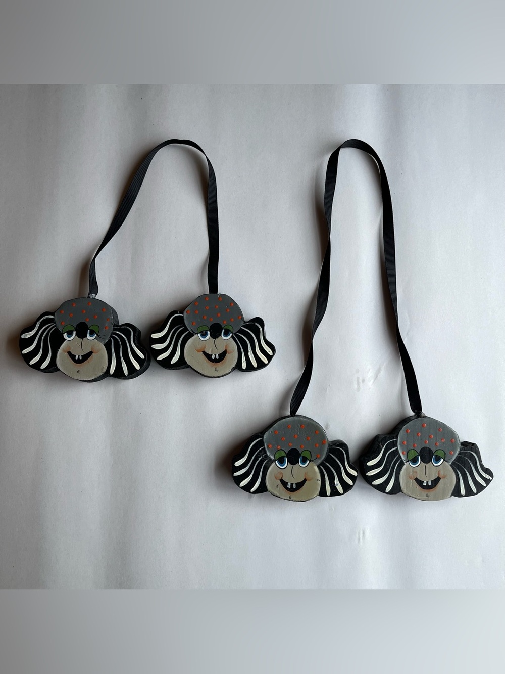 Vintage Handmade Wooden Black Spider Halloween Hanger Folk Art - Set of 2
